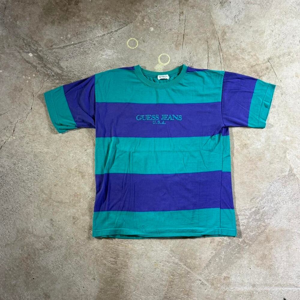 Vintage VTG 90’s Guess Jeans Striped Single Stitch Graphic T-Shirt